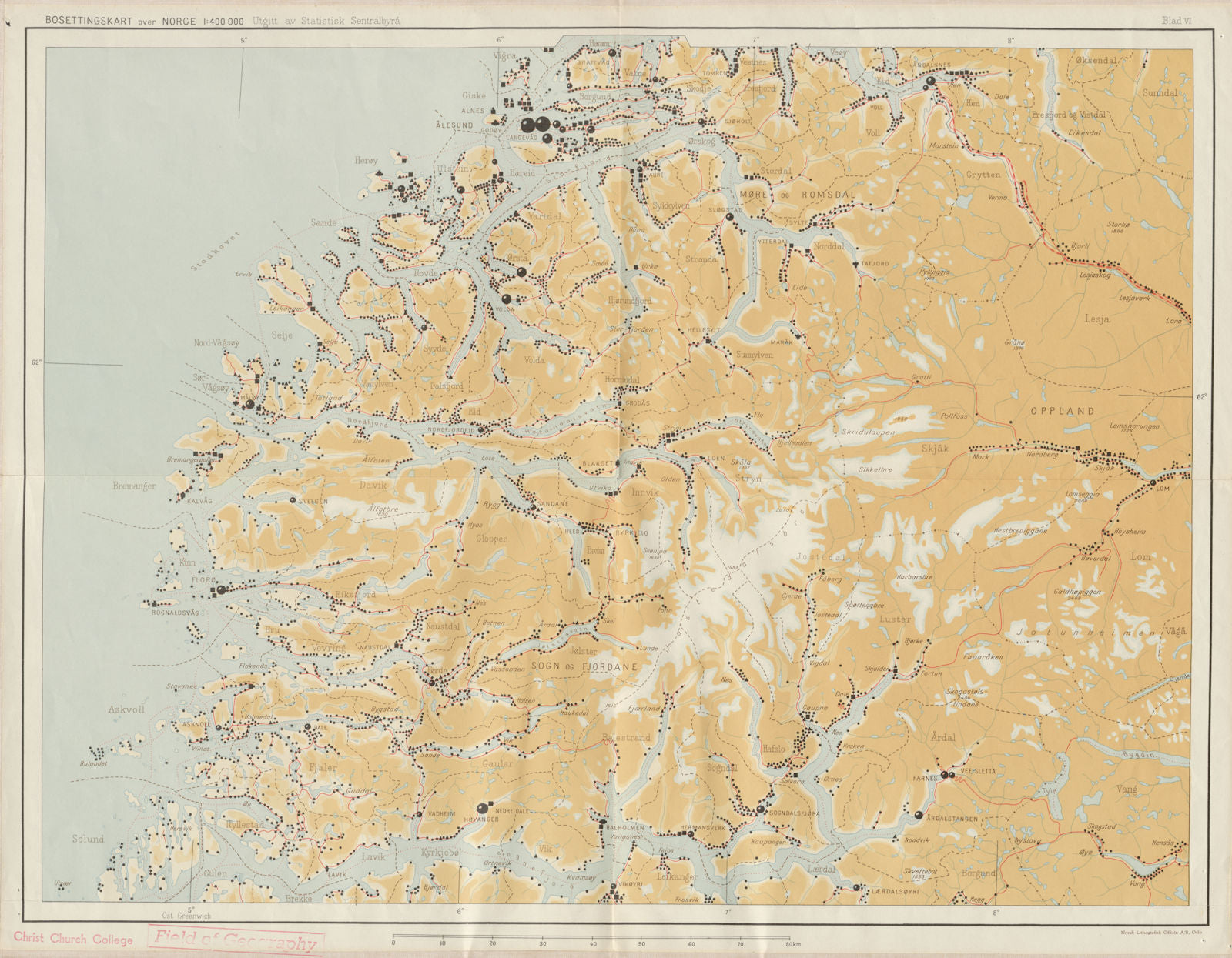 Norway Norge settlements. Alesund Florö. Oppland Sogn/Fjordane 48x62cm 1950 map